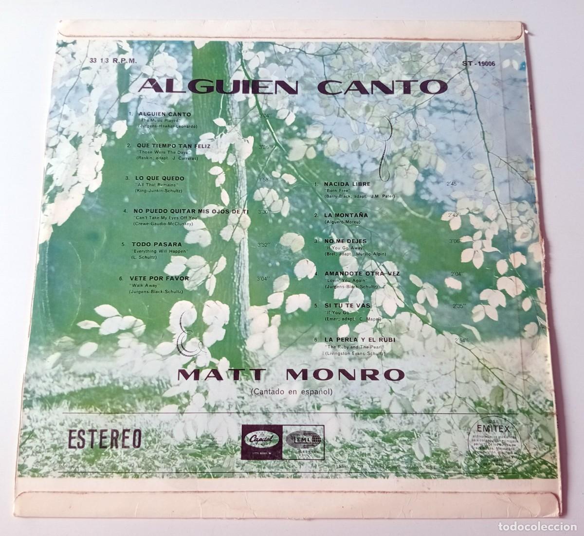 Discos de vinilo: LP MATT MONRO - ALGUIEN CANT&Oacute; - Foto 2