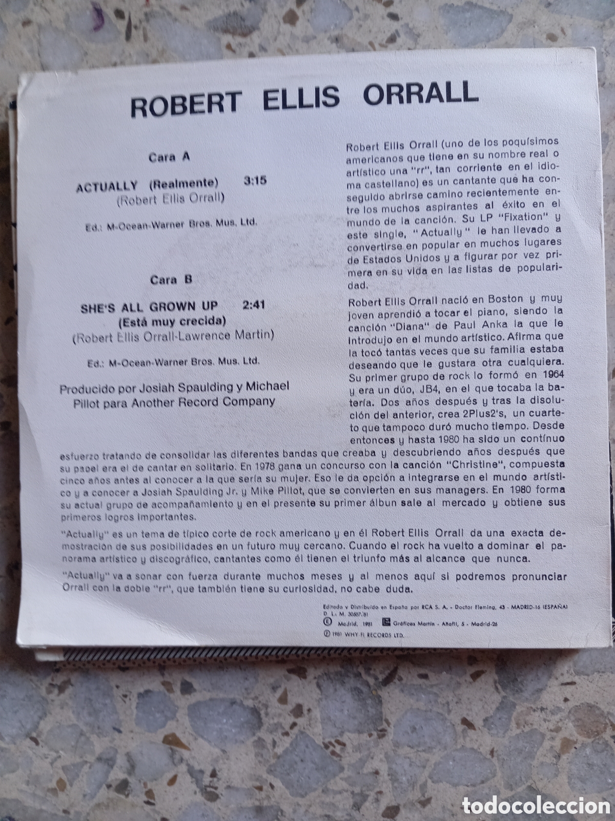 Discos de vinilo: SGL ROBERT ELLIS ORRALL ACTUALLY 1981 PROMO - Foto 2