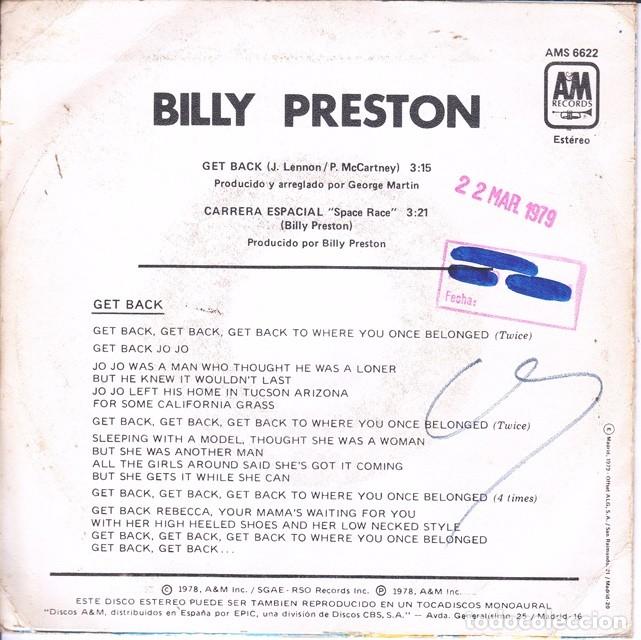Discos de vinilo: Billy Preston &ndash; Get back; Carrera espacial &ndash; A&M 6622 &ndash; 1978 - Foto 2