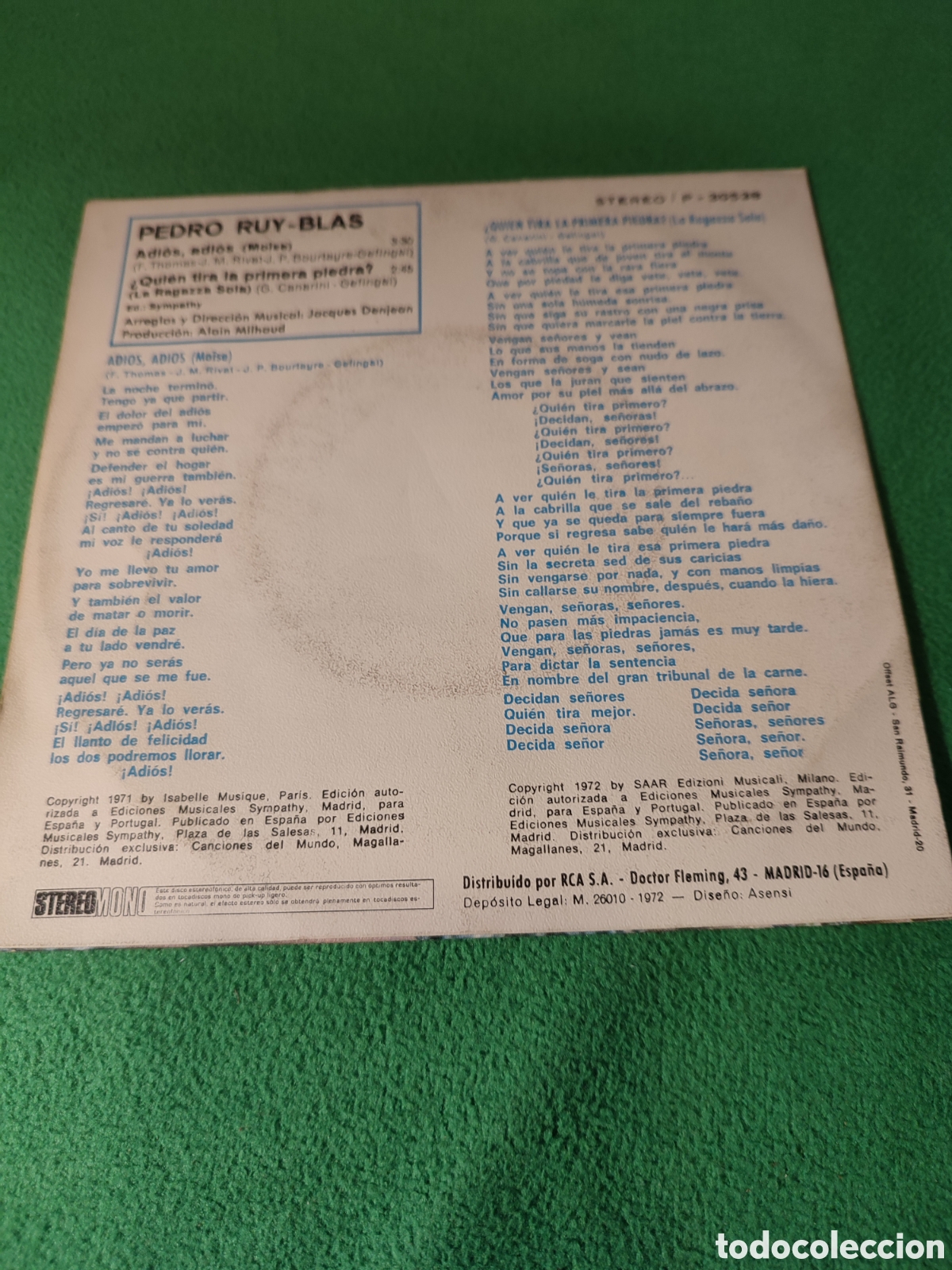 Discos de vinilo: Pedro Ruy-Blas - Adi&oacute;s, adi&oacute;s 1972 - Foto 2