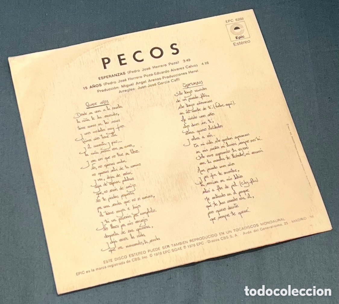 Discos de vinilo: Disco Vinilo Single. Pecos. &ldquo;Esperanzas&rdquo;. 1978. - Foto 2