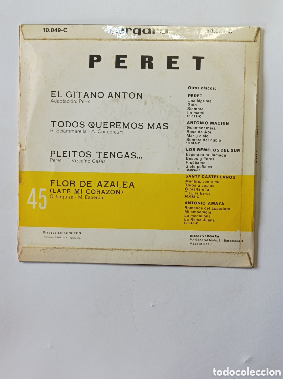 Discos de vinilo: PERET. EL GITANO ANTON. VERGARA. 1968. SINGLE DISCO VINILO. - Foto 2