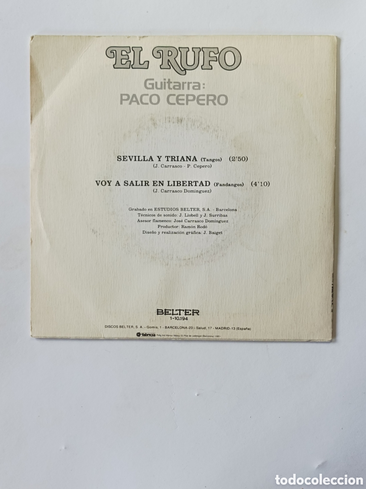 Discos de vinilo: EL RUFO. CON PACO CEPERO. BELTER. SINGLE DISCO VINILO. - Foto 2