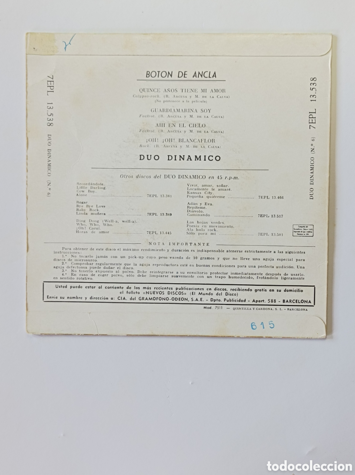 Discos de vinilo: DUO DIN&Aacute;MICO. BOTON DE ANCLA. SINGLE DISCO VINILO ROJO. - Foto 2