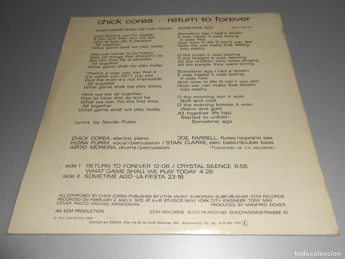 Discos de vinilo: CHICK COREA - RETURN TO FOREVER -, LP, RETURN TP FOREVER + 3, A&Ntilde;O 1979, ECM 1022 - Foto 2
