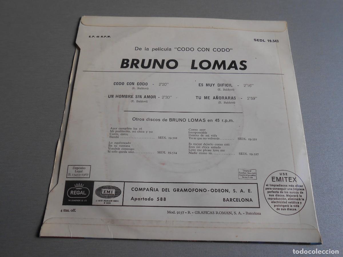 Discos de vinilo: BRUNO LOMAS - CODO CON CODO -, EP, CODO CON CODO +3, A&Ntilde;O 1967, REGAL, SEDL 19.543 - Foto 2