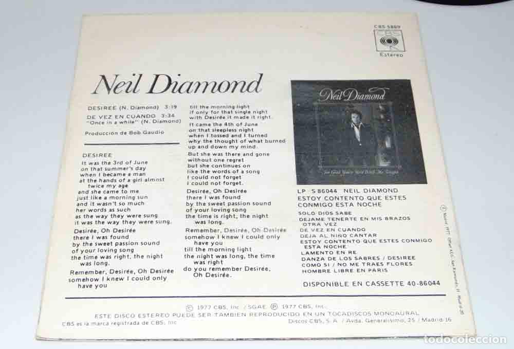 Discos de vinilo: NEIL DIAMOND - DESIREE - SINGLE DE 1977 - Foto 2