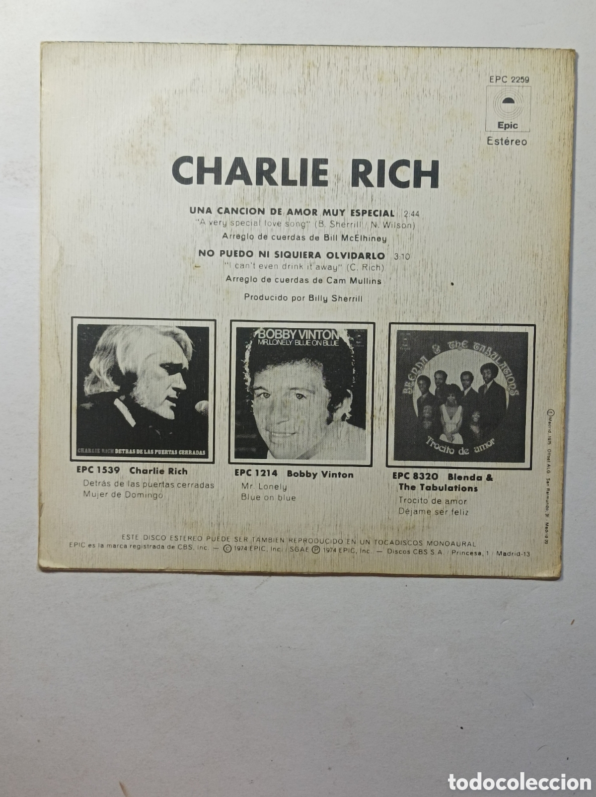 Discos de vinilo: CHARLIE RICH. EPIC. 1974. SINGLE DISCO VINILO. - Foto 2