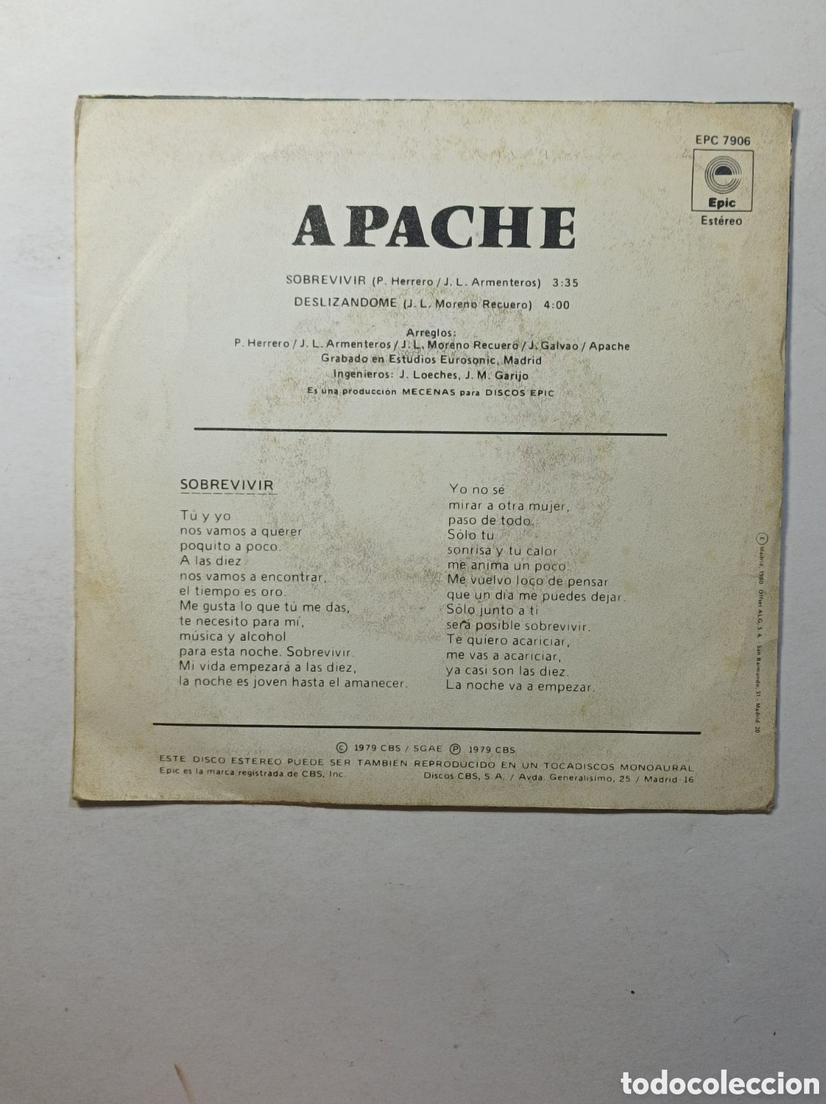 Discos de vinilo: APACHE. SOBREVIVIR. EPIC. PROMOCIONAL. SINGLE DISCO VINILO. - Foto 2