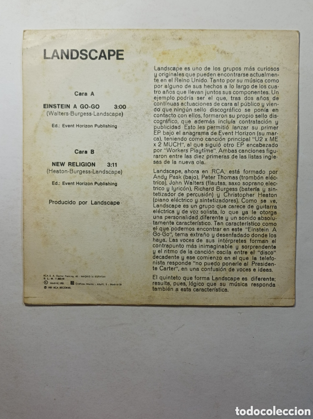 Discos de vinilo: LANDSCAPE. EINSTEIN A GO GO. RCA V&Iacute;CTOR. 1981. SINGLE DISCO VINILO. - Foto 2