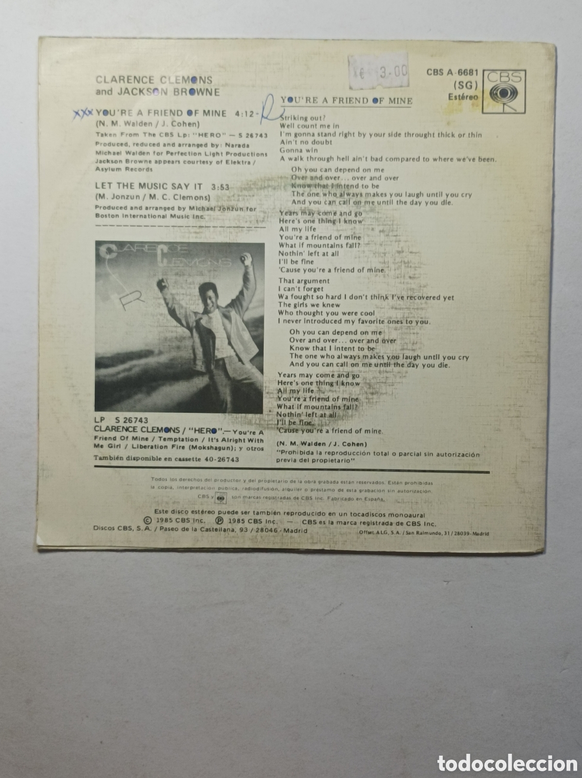 Discos de vinilo: CLARENCE CLEMONS & JACKSON BROWNE. CBS. SINGLE DISCO VINILO. - Foto 2