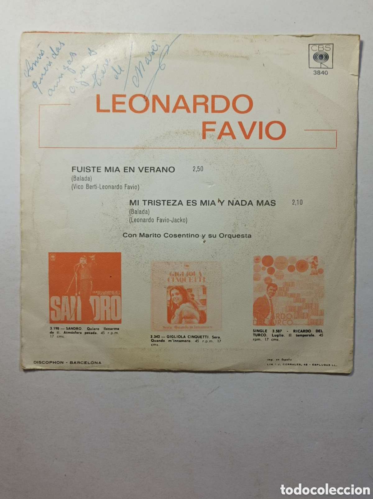 Discos de vinilo: LEONARDO FAVIO. CBS. SINGLE DISCO VINILO. - Foto 2