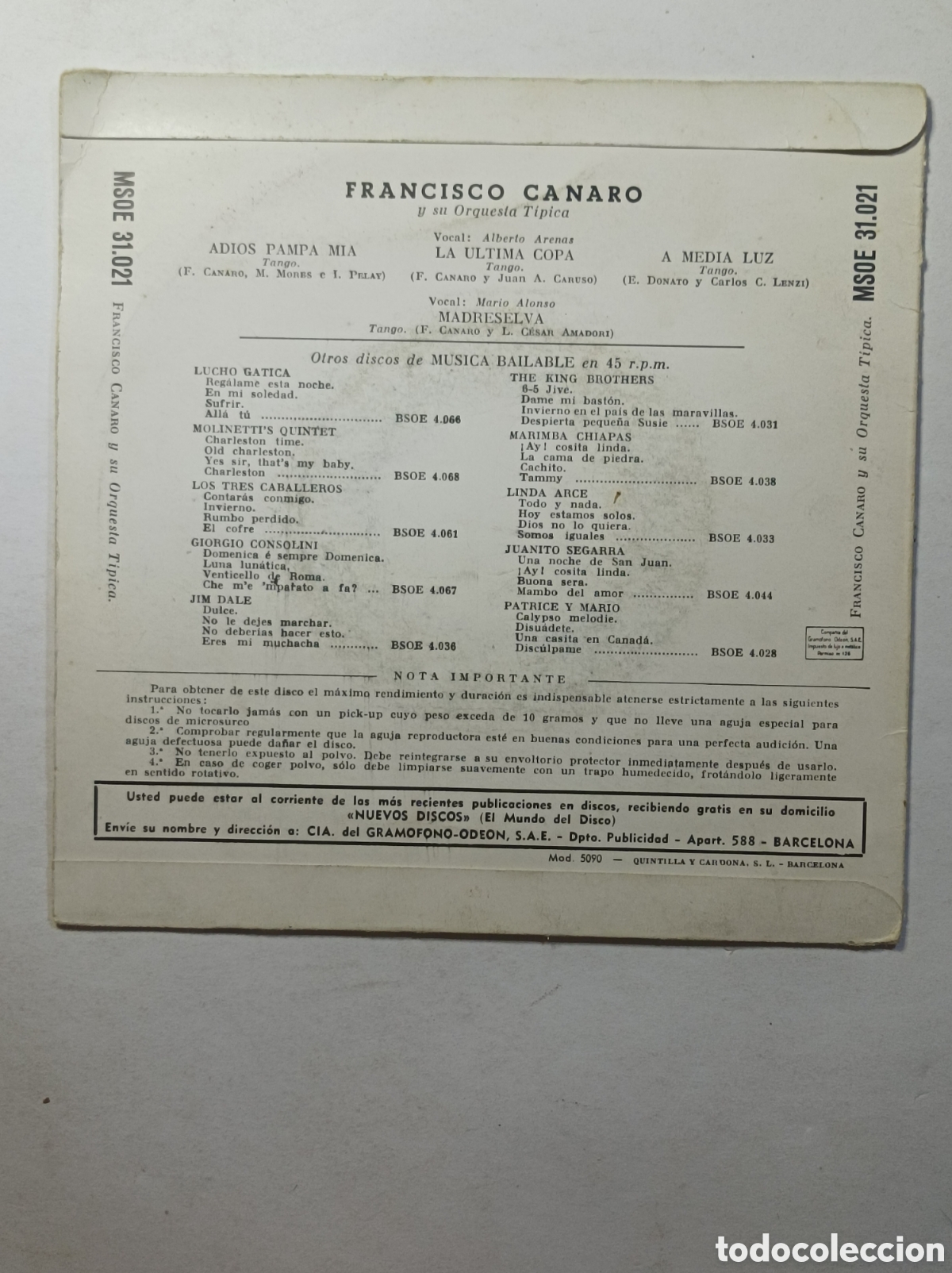Discos de vinilo: FRANCISCO CANARO. TANGOS CELEBRES. ODEON. SINGLE DISCO VINILO. - Foto 2