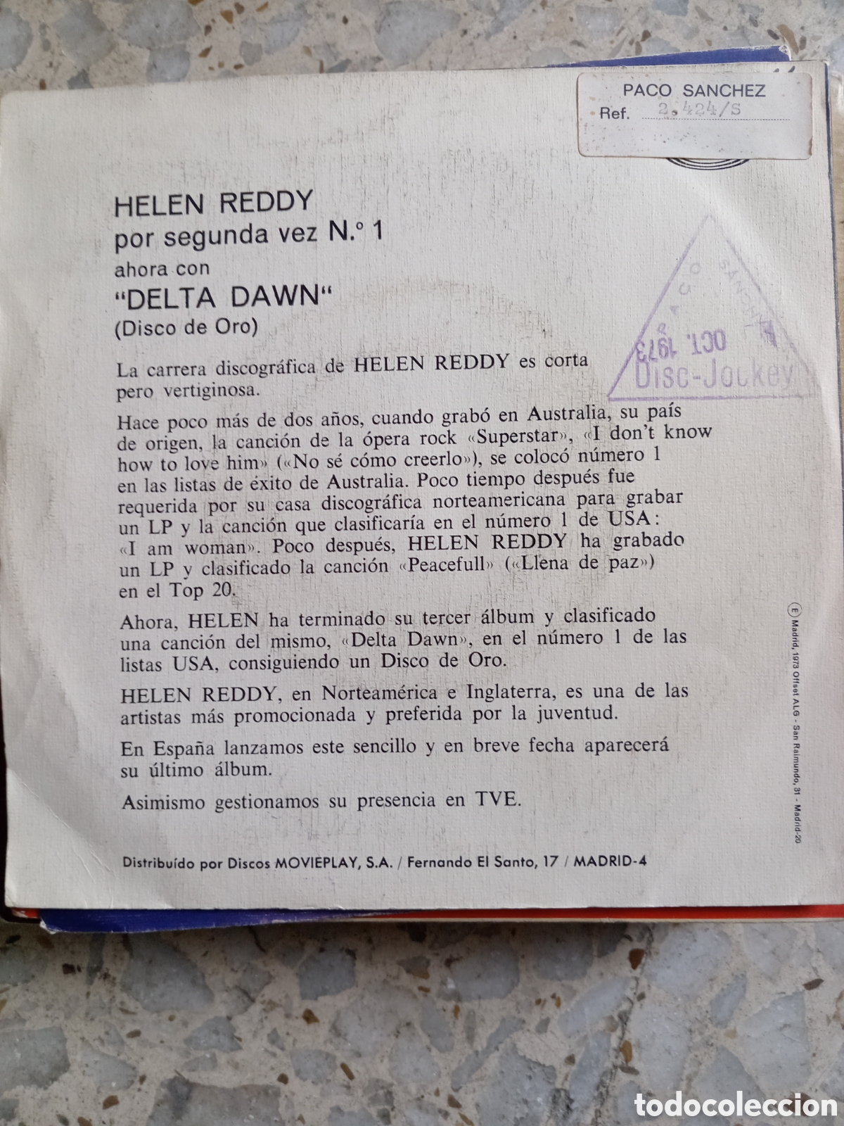 Discos de vinilo: SGL HELEN REDDY DELTA DAWN 1973 - Foto 2