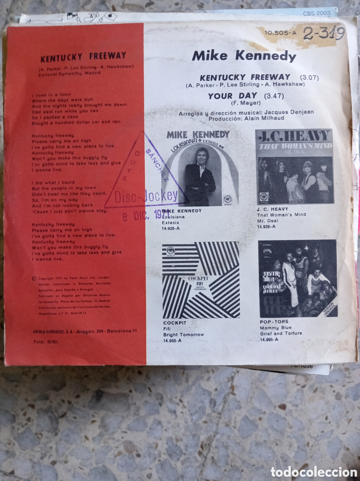 Discos de vinilo: SGL MIKE KENNEDY KENTUCKY FREEWAY 1971 - Foto 2