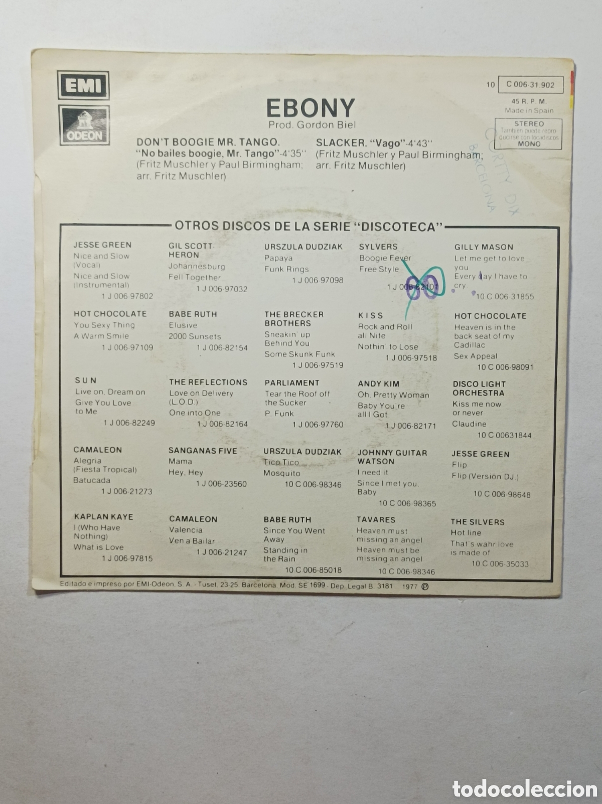 Discos de vinilo: EBONY. DISCOTECA. ODEON. SINGLE DISCO VINILO. - Foto 2