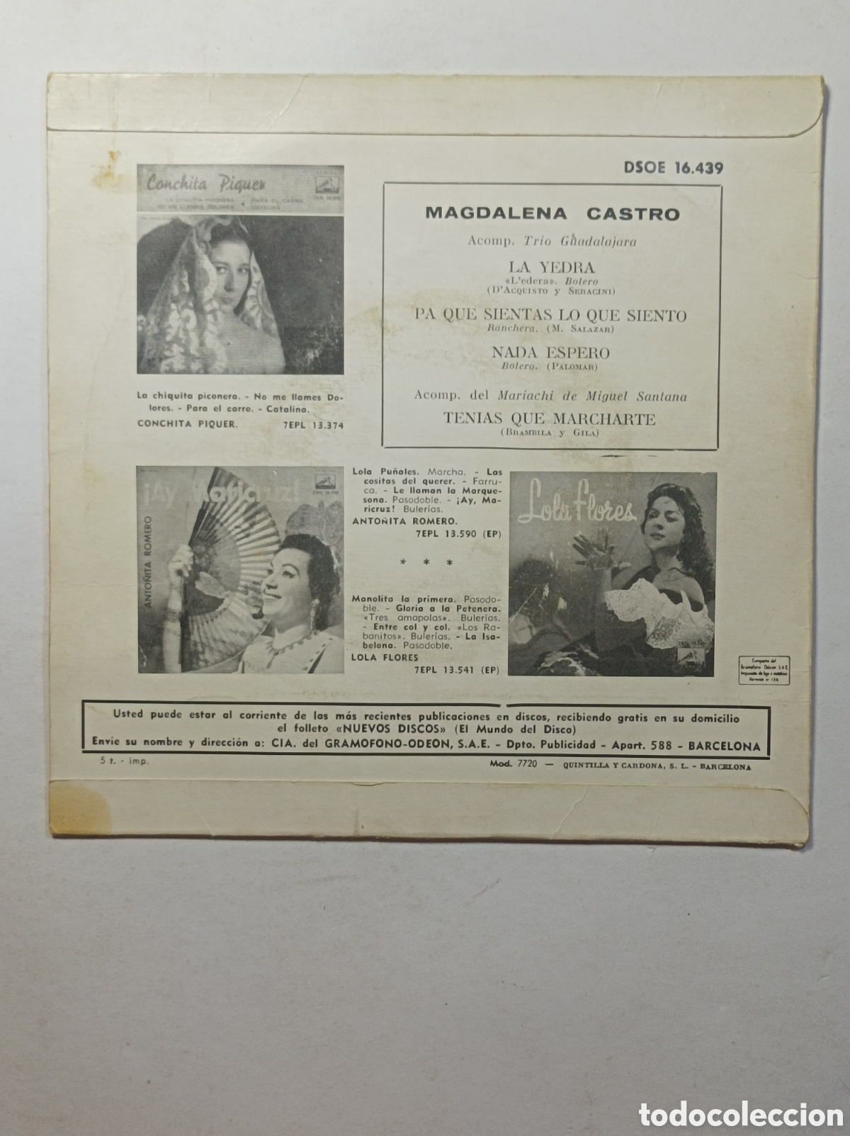 Discos de vinilo: MAGDALENA CASTRO. ODEON. SINGLE DISCO VINILO AZUL. - Foto 2
