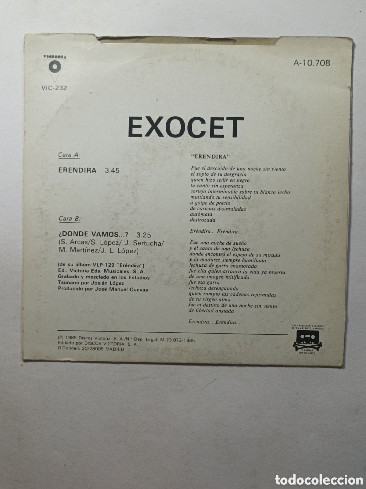 Discos de vinilo: EXOCET ERENDIRA. SINGLE DISCO VINILO. - Foto 2