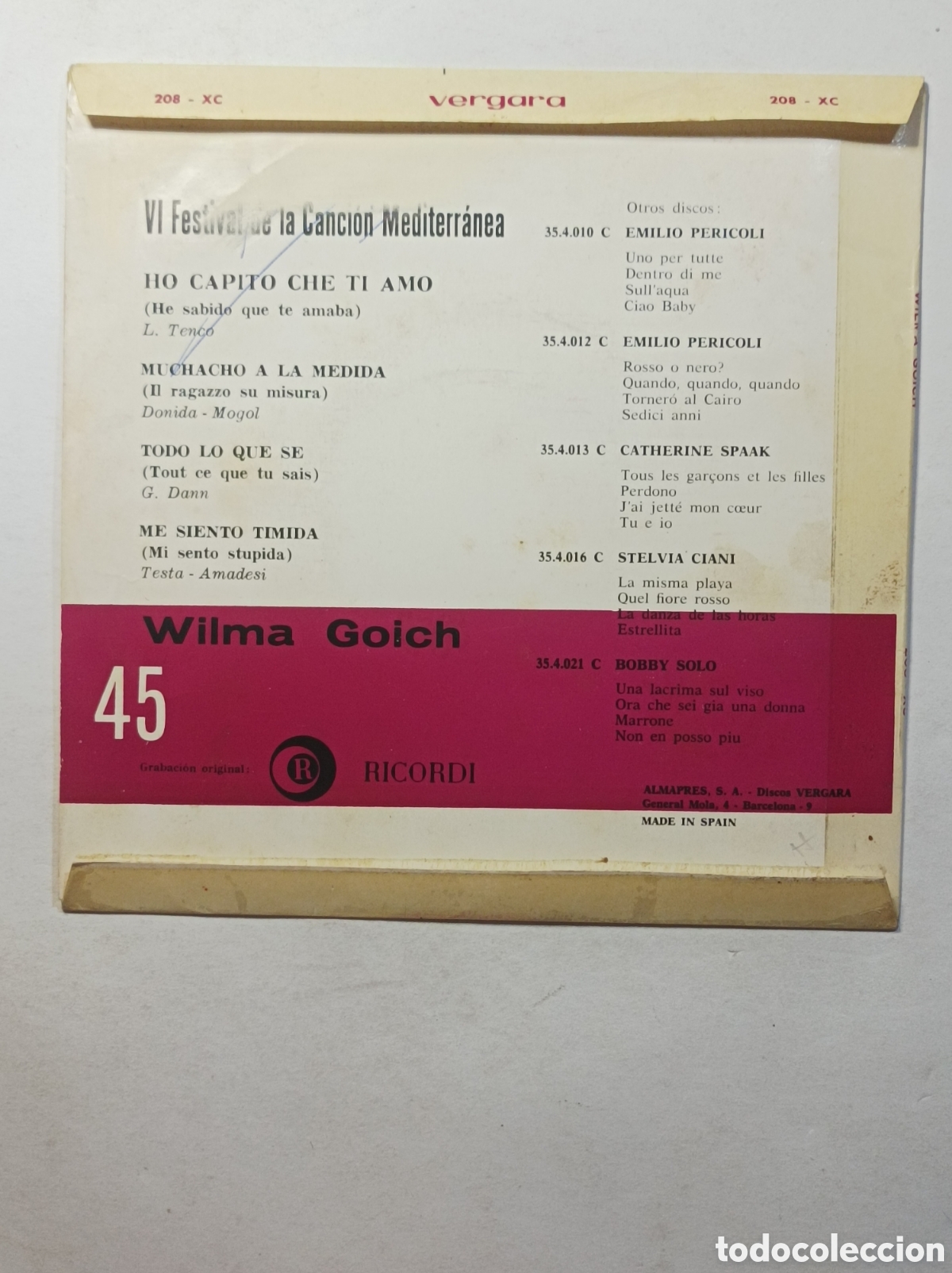 Discos de vinilo: WILMA GOICH. RICARDI. SINGLE DISCO VINILO. - Foto 2