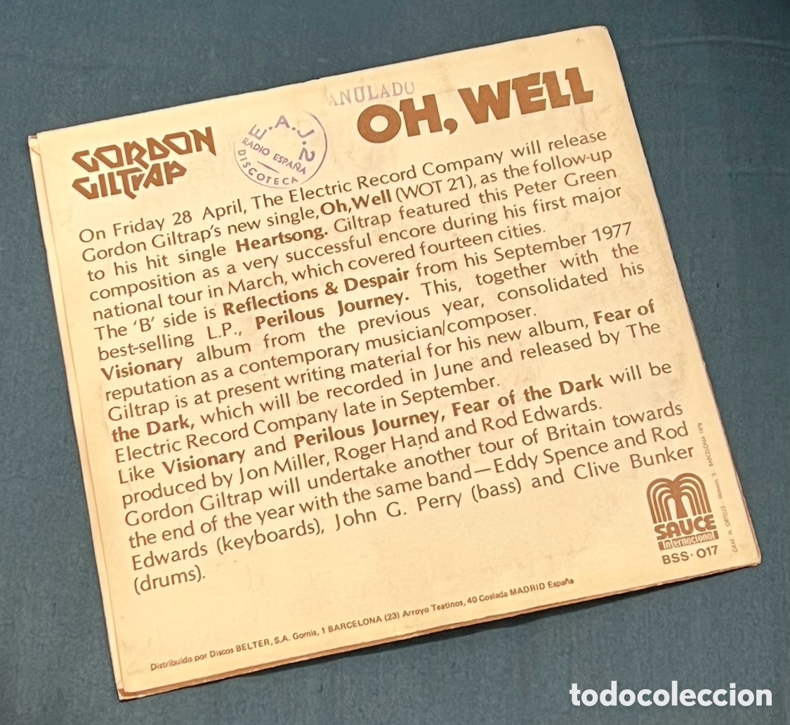 Discos de vinilo: Disco Vinilo Single. Gordon Giltrap. &ldquo;Oh, Well&rdquo;. 1978. - Foto 2
