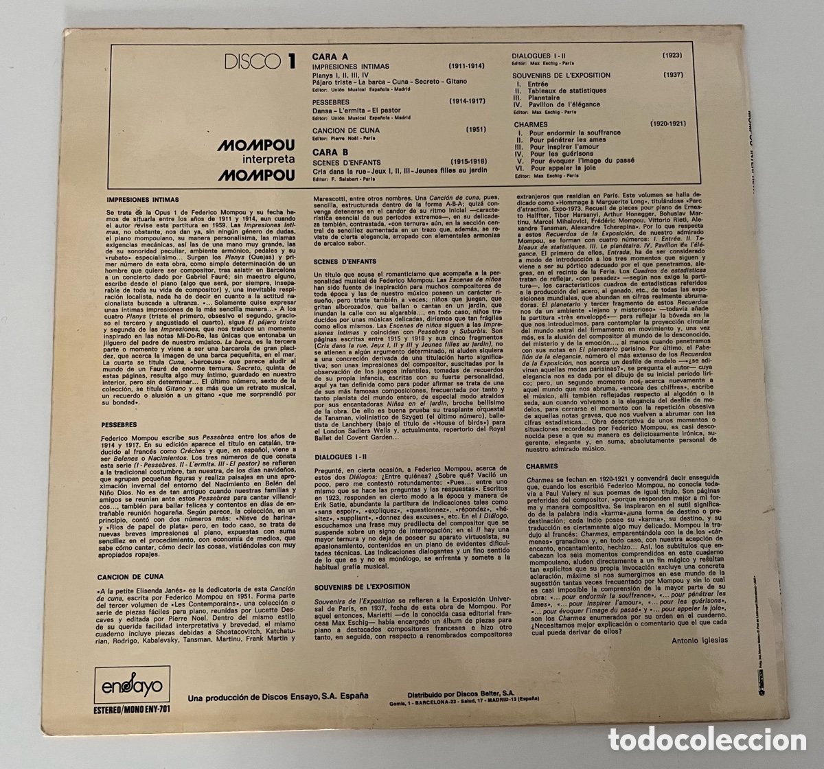 Discos de vinilo: Vinilo Mompou interpreta a Mompou - Foto 2