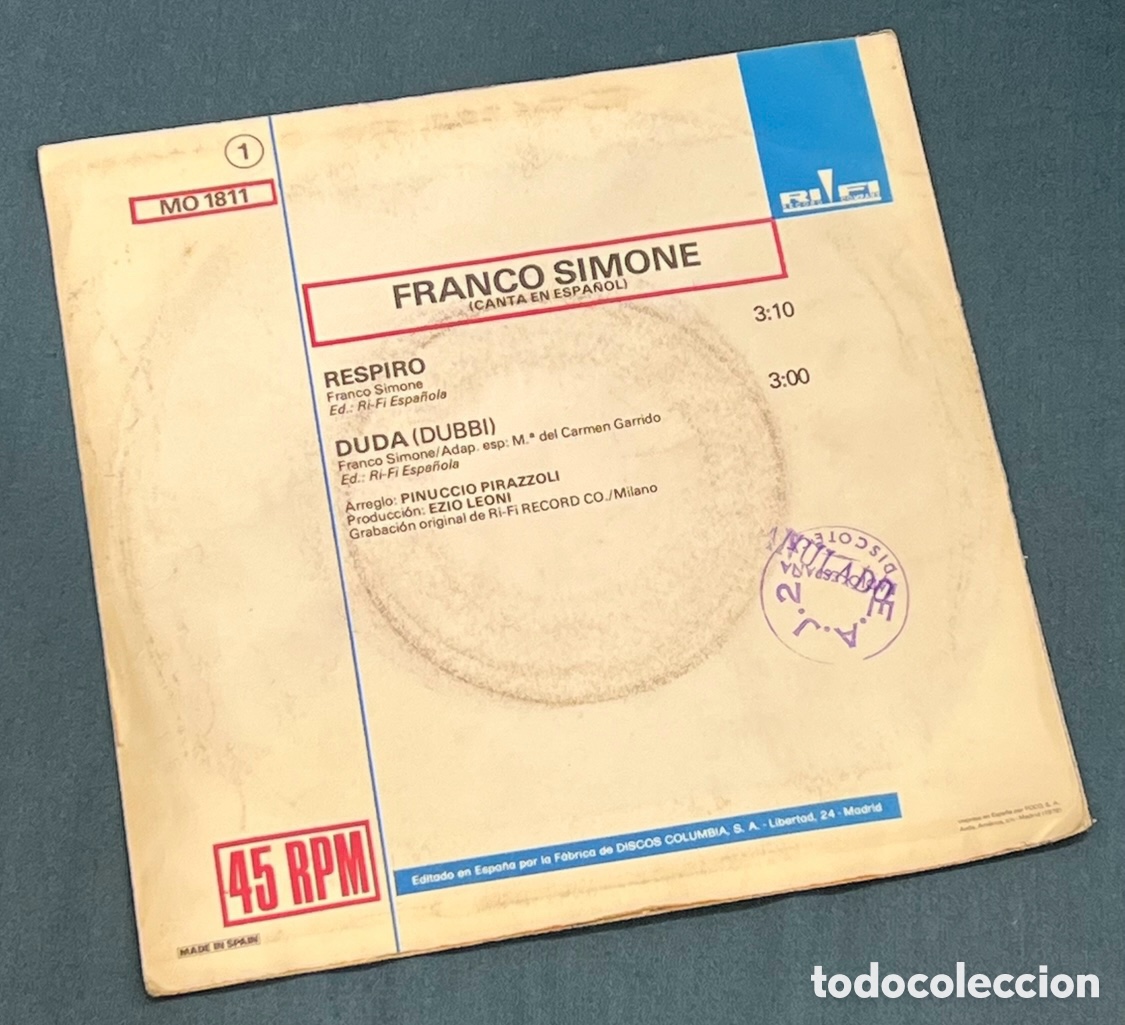 Discos de vinilo: Disco Vinilo Single. Franco Simone. &ldquo;Respiro&rdquo;. 1978. - Foto 2