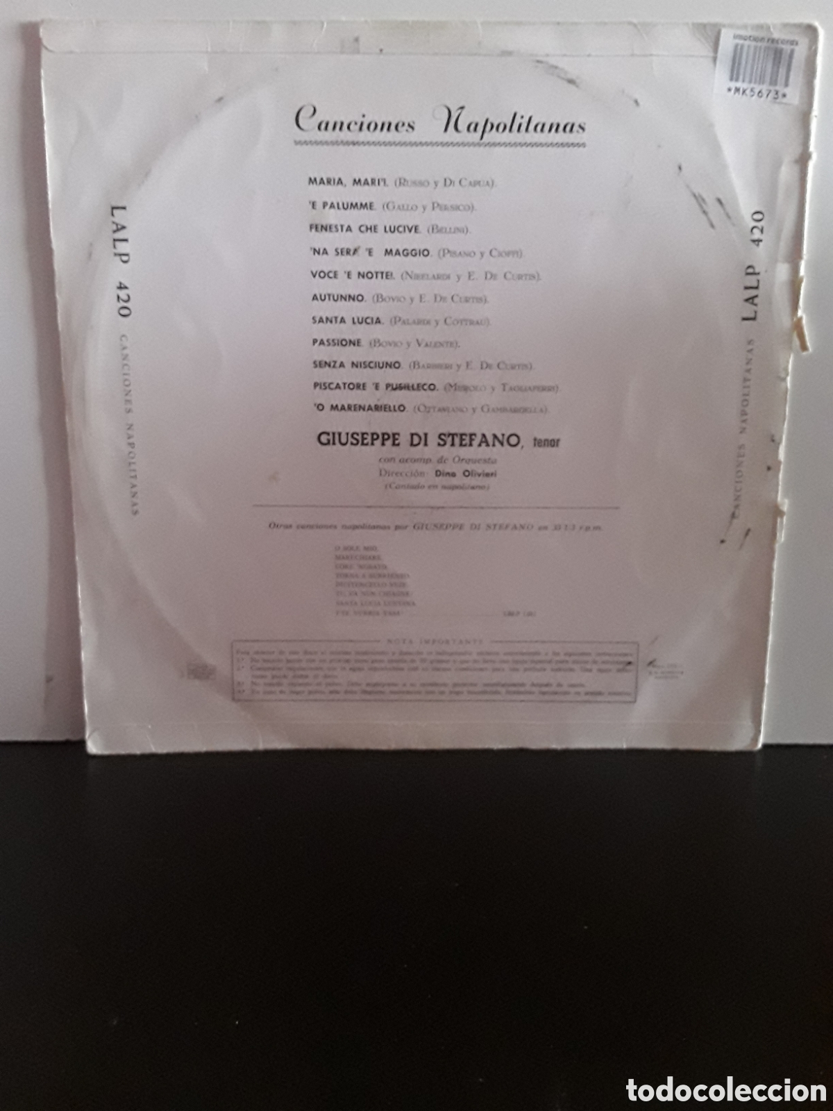 Discos de vinilo: Giuseppe di Stefano &ndash; Canciones Napolitanas - Foto 2