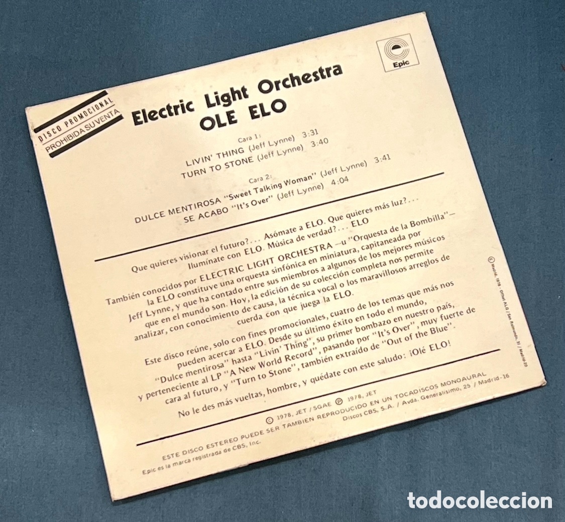 Discos de vinilo: Disco Vinilo Single. Electric Light Orchestra. &ldquo;Ol&eacute; Elo&rdquo;. 1978. - Foto 2