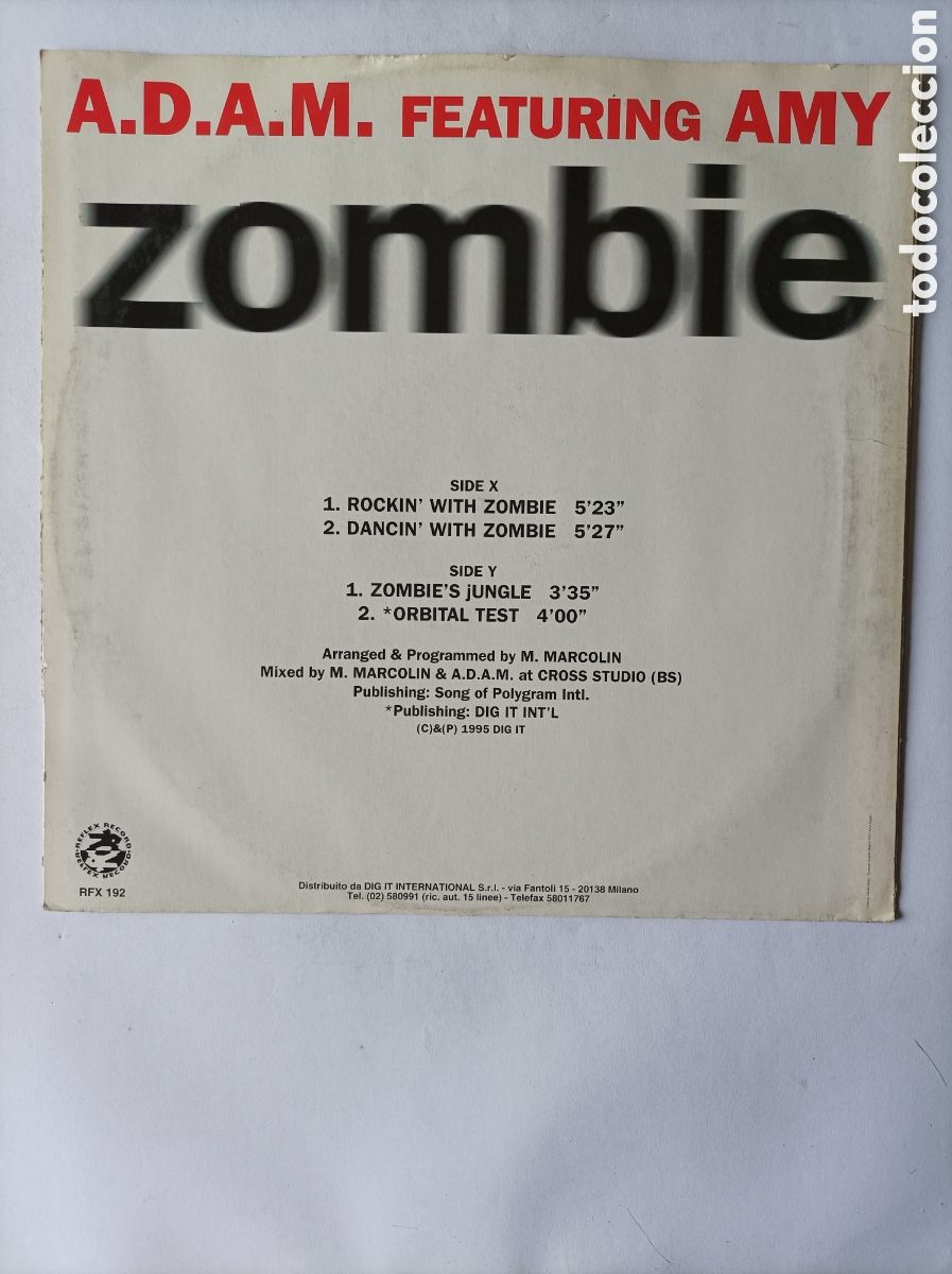 Discos de vinilo: A.D.A.M. FEATURING AMY. ZOMBIE. HOUSE TECHNO DANCE. DISCO VINILO. - Foto 1