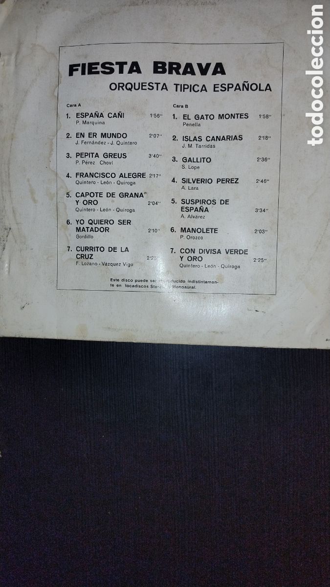 Discos de vinilo: Fiesta brava orquesta t&iacute;pica espa&ntilde;ola LP - Foto 2