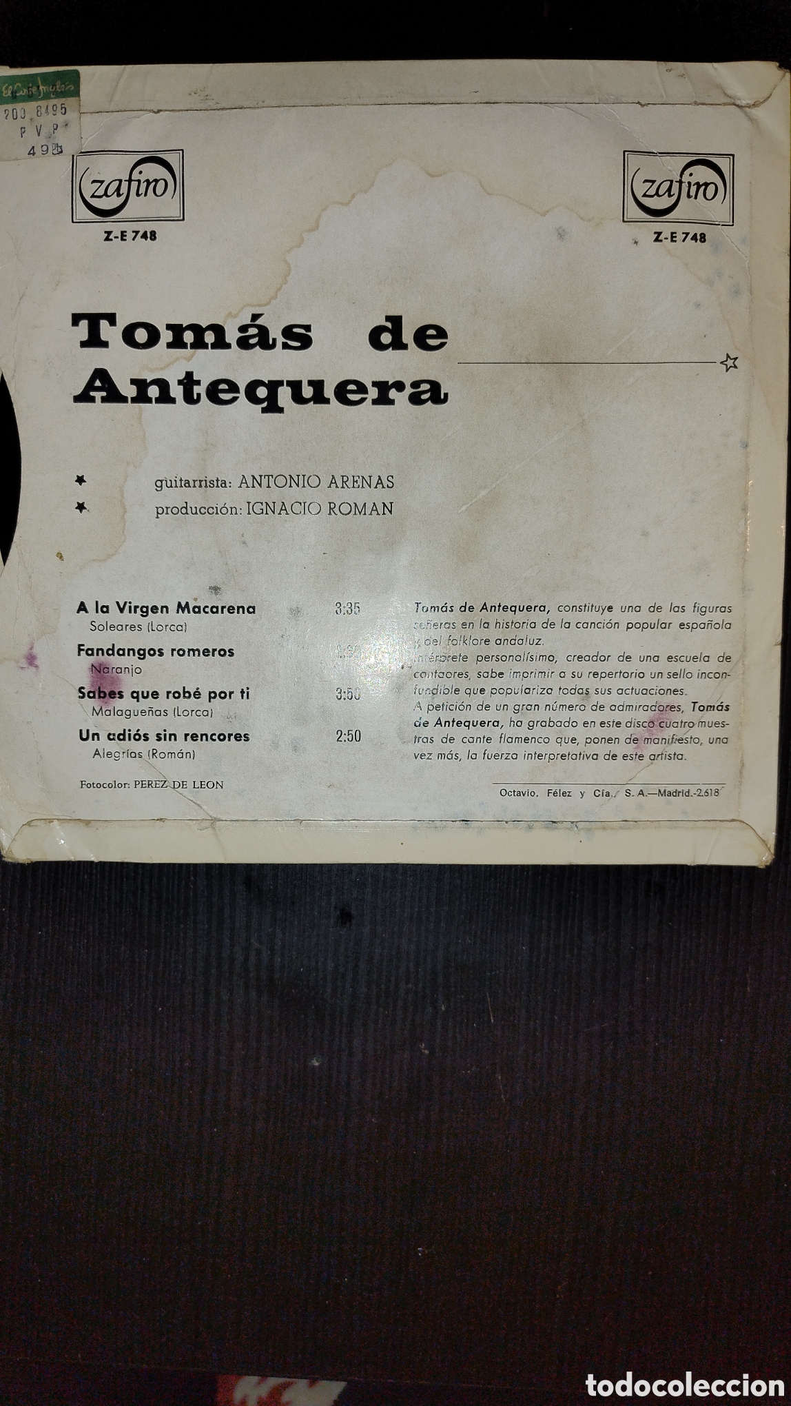 Discos de vinilo: Tom&aacute;s de Antequera disco cuarenta y cinco rpm - Foto 2
