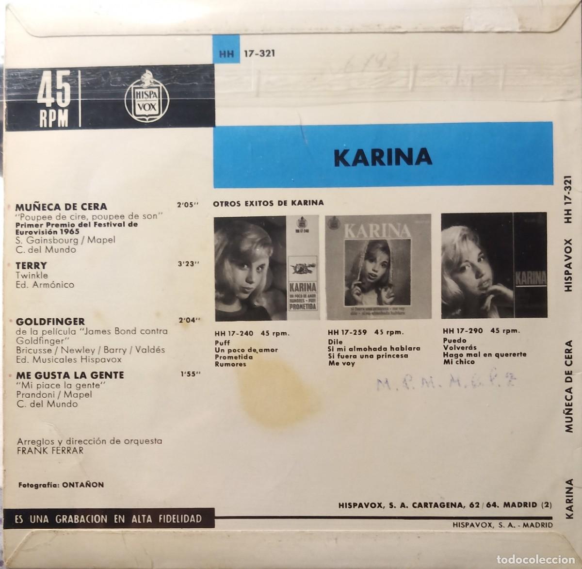 Discos de vinilo: Karina. Mu&ntilde;eca de cera. Vinilo single EP. - Foto 2
