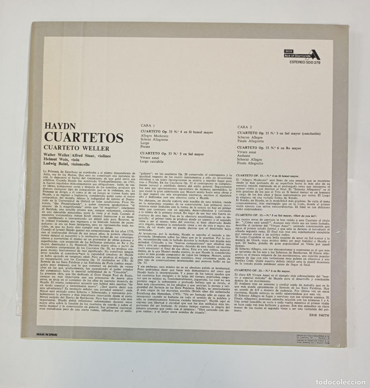 Discos de vinilo: HAYDN CUARTETOS. OP. 33. CUARTETO WELLER. LP. TDKDA42 - Foto 2