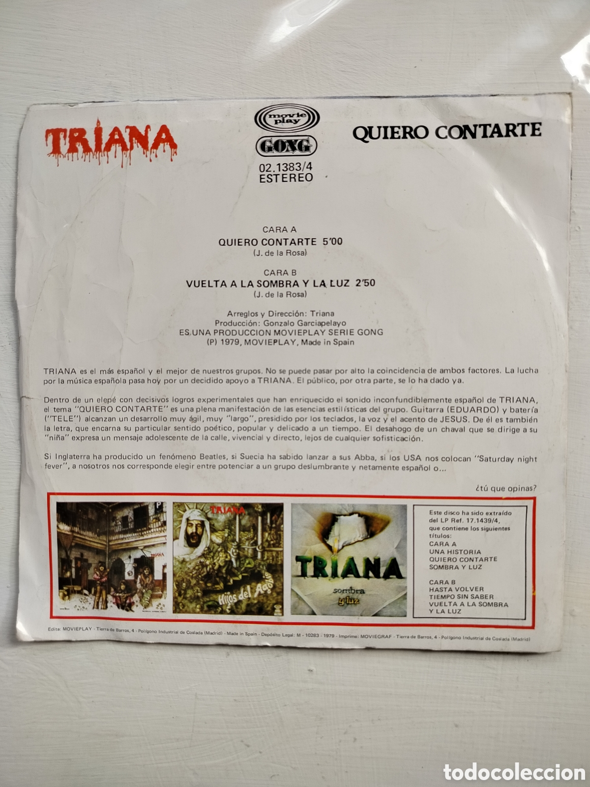 Discos de vinilo: Triana Single Quiero Contarte - Foto 2
