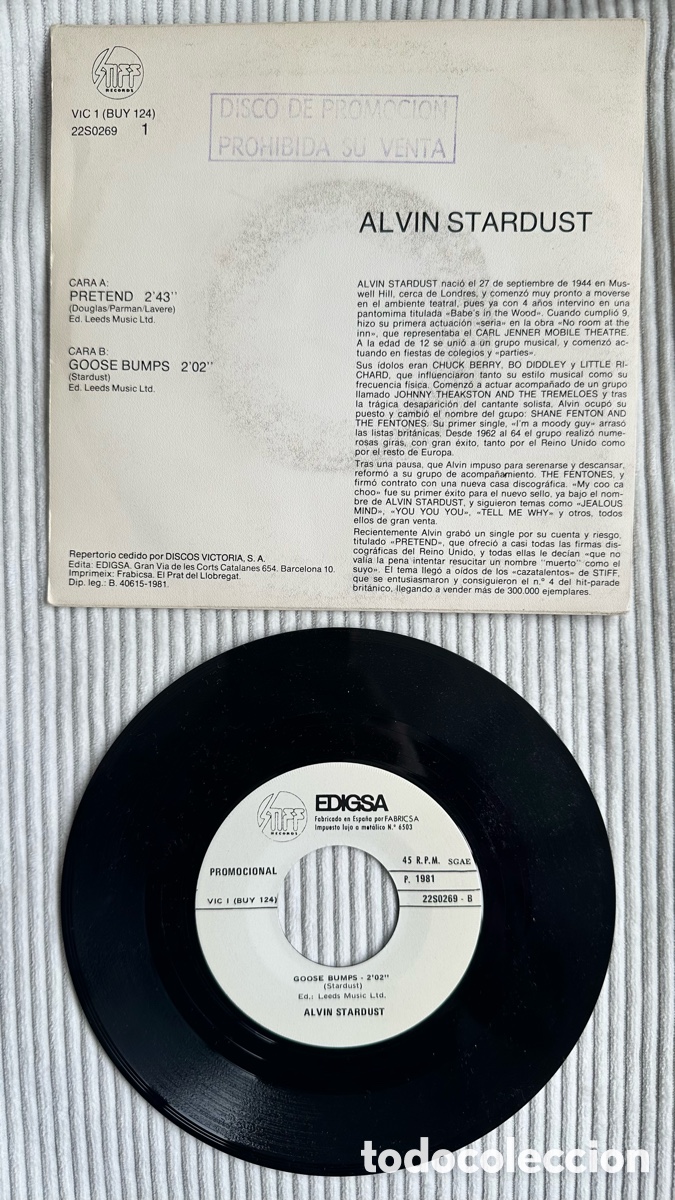 Discos de vinilo: AALVIN STARDUST SG PROMO. PRETEND - Foto 3