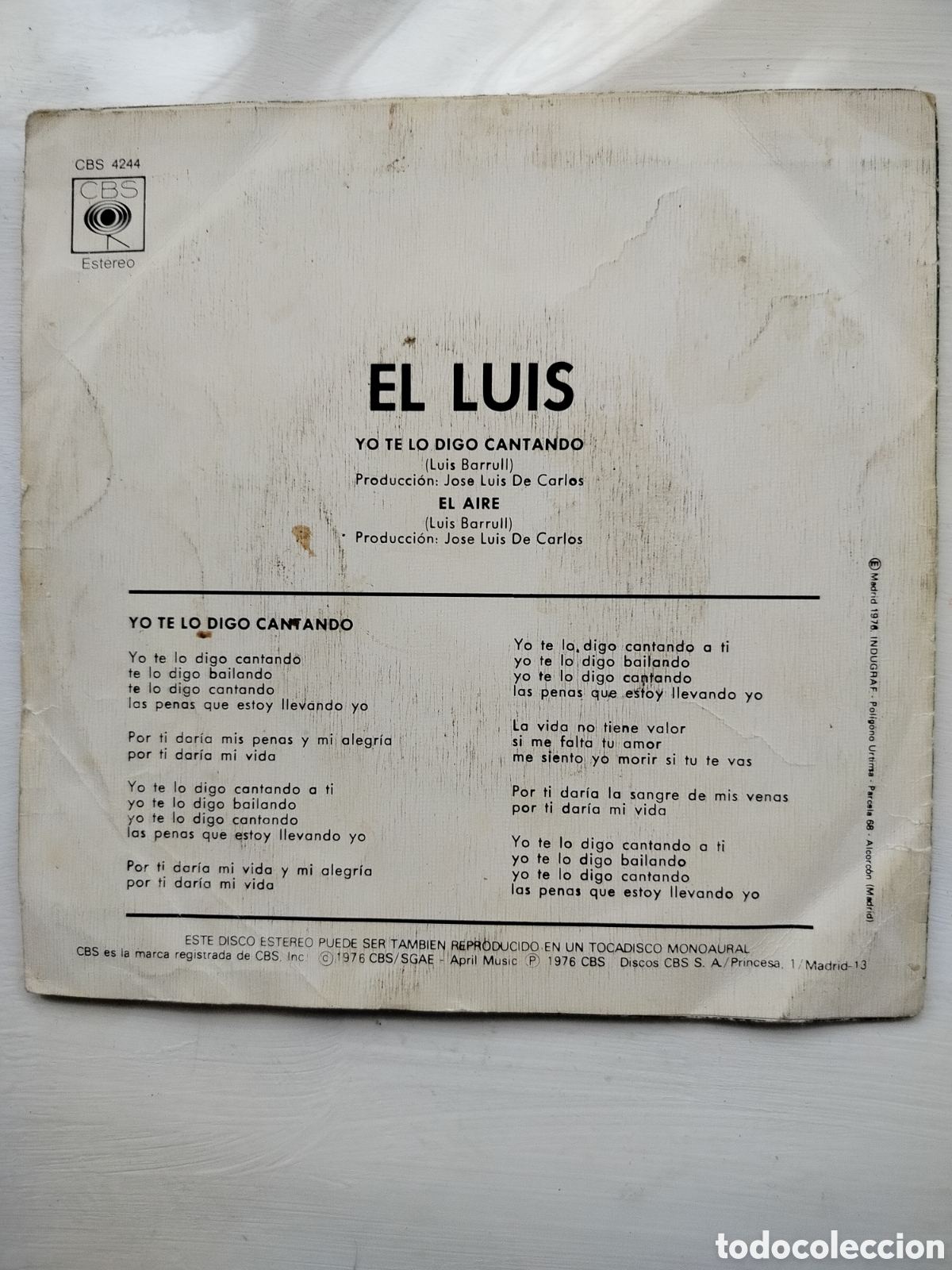 Discos de vinilo: El Luis Single Yo Te Lo Digo Cantando - Foto 2