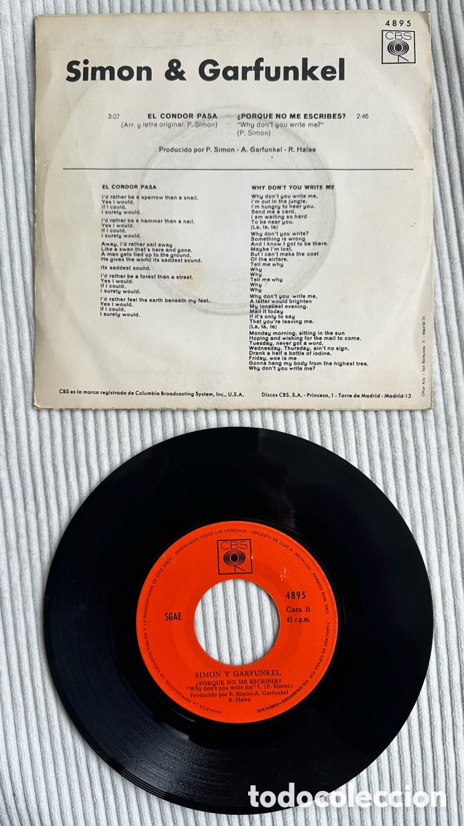 Discos de vinilo: SIM&Oacute;N Y GARFUNKEL SG. EL C&Oacute;NDOR PASA. SPAIN - Foto 2