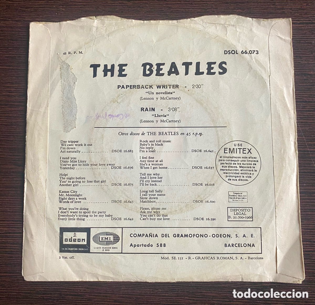 Discos de vinilo: THE BEATLES - PAPERBACK WRITER/RAIN - EMI ODEON 1966 - Foto 2