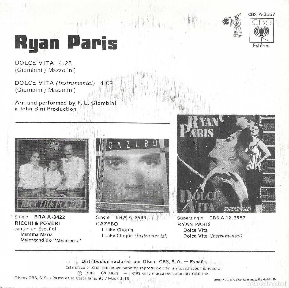 Discos de vinilo: RYAN PARIS - DOLCE VITA - DISCOS CBS - 1983 - Foto 4