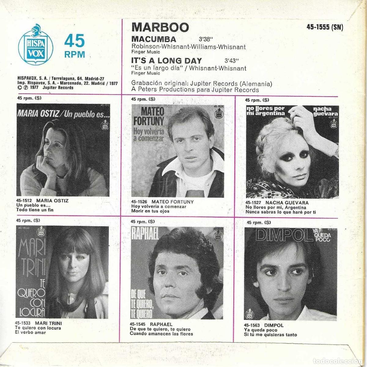 Discos de vinilo: MARBOO - MACUMBA / ITS A LONG DAY - HISPAVOX - 1977 - Foto 4