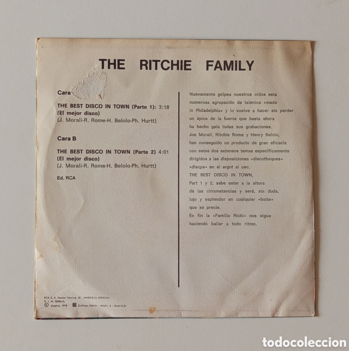 Discos de vinilo: SINGLE THE RITCHIE FAMILY VINILO 1976 - Foto 2