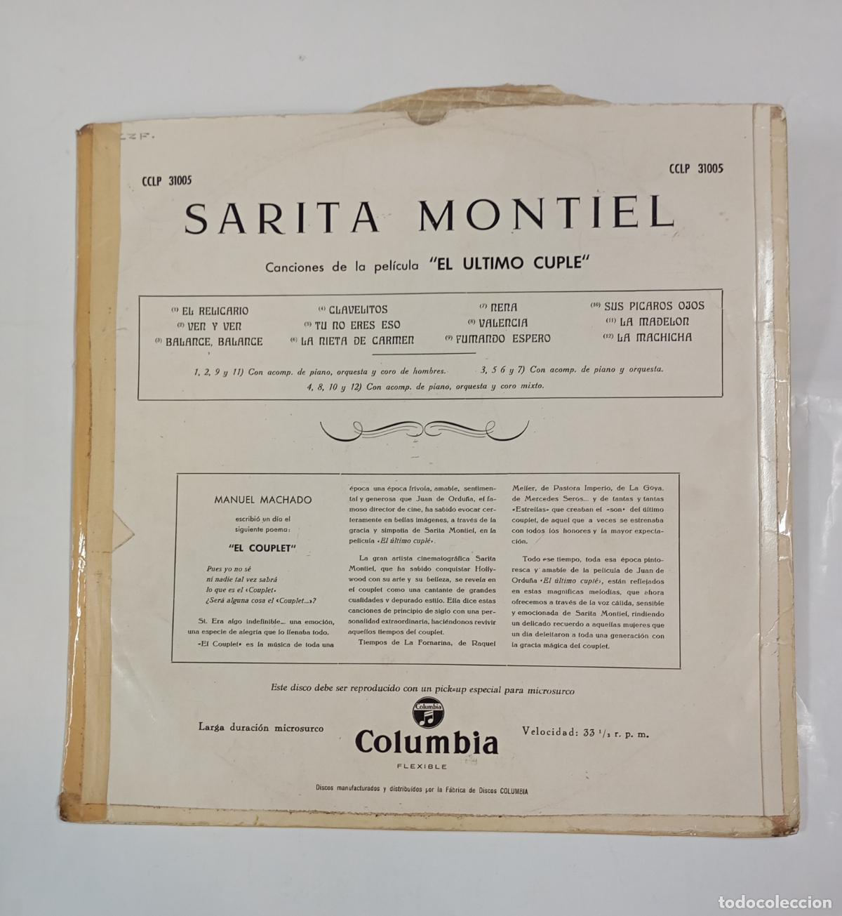 Discos de vinilo: SARA MONTIEL, EL &Uacute;LTIMO CUPL&Eacute;. LP. TDKDA25 - Foto 2