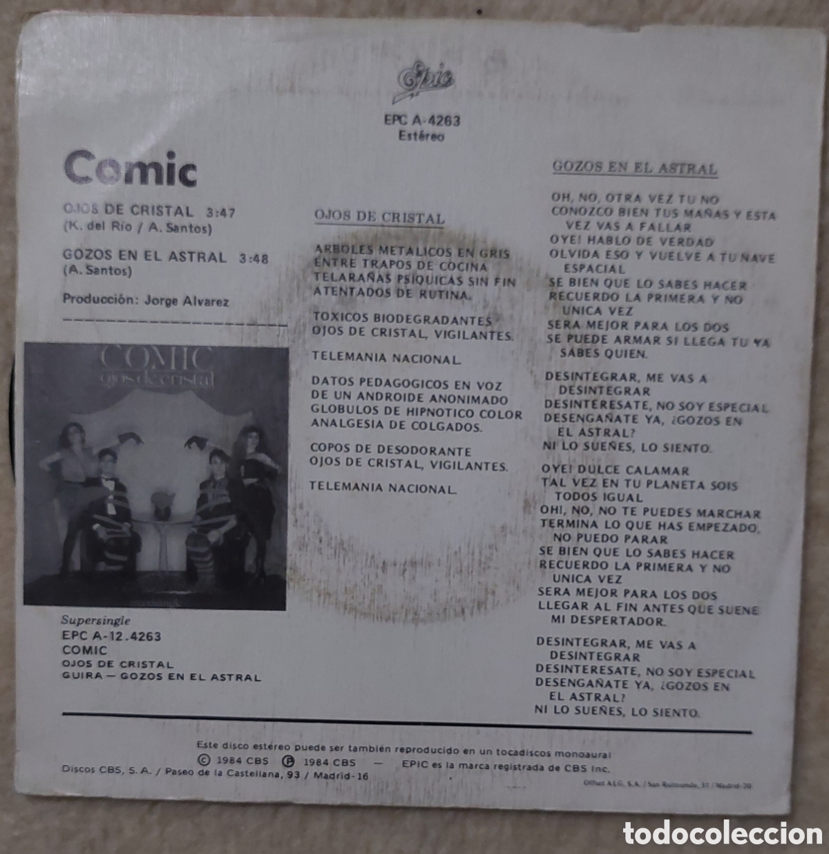 Discos de vinilo: C&oacute;mic Ojos de cristal Single Promo Epic 1984 - Foto 2