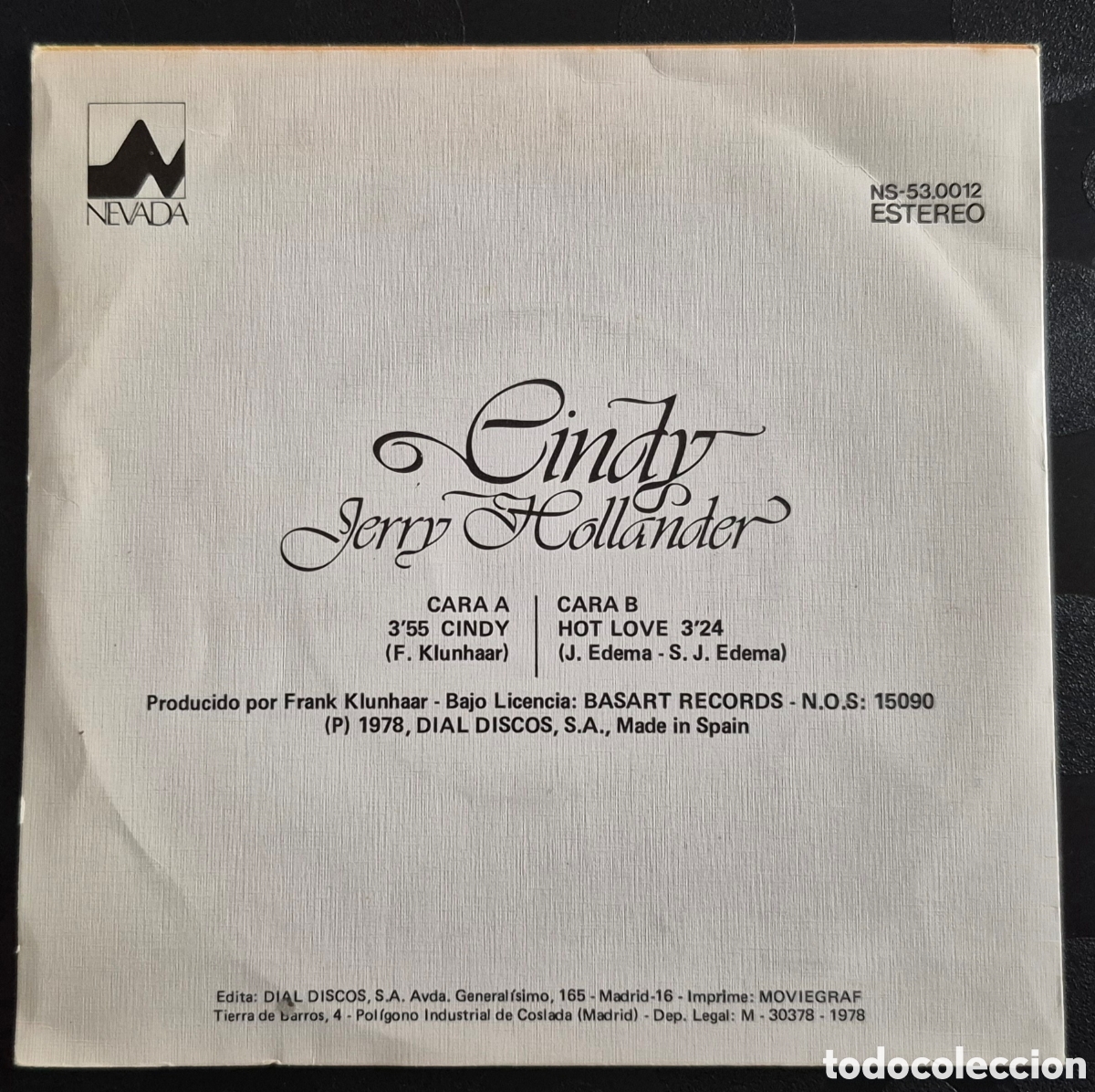Discos de vinilo: SINGLE - JERRY HOLLANDER - CINDY - 1978 ESPA&Ntilde;A - Foto 2