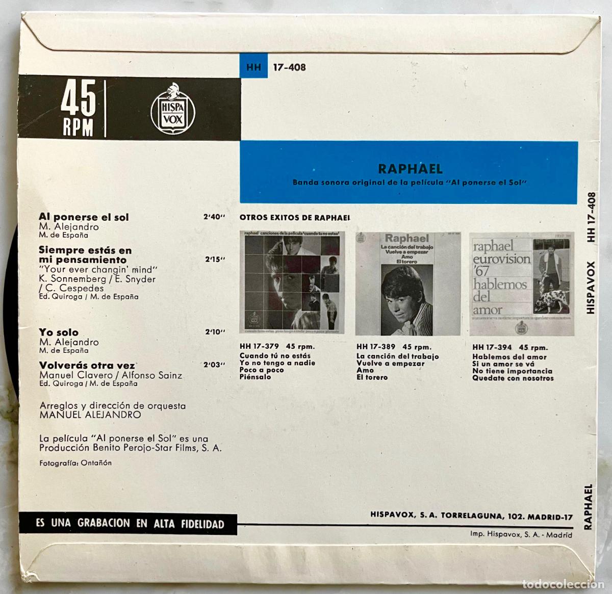Discos de vinilo: RAPHAEL. AL PONERSE EL SOL + 3 TEMAS. EP ORIGINAL ESPA&Ntilde;A 1967 - Foto 2