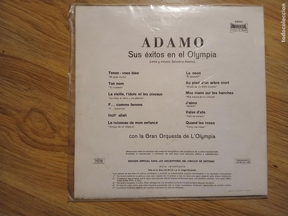 Discos de vinilo: Adamo - Sus &eacute;xitos en el Olympia - Foto 2