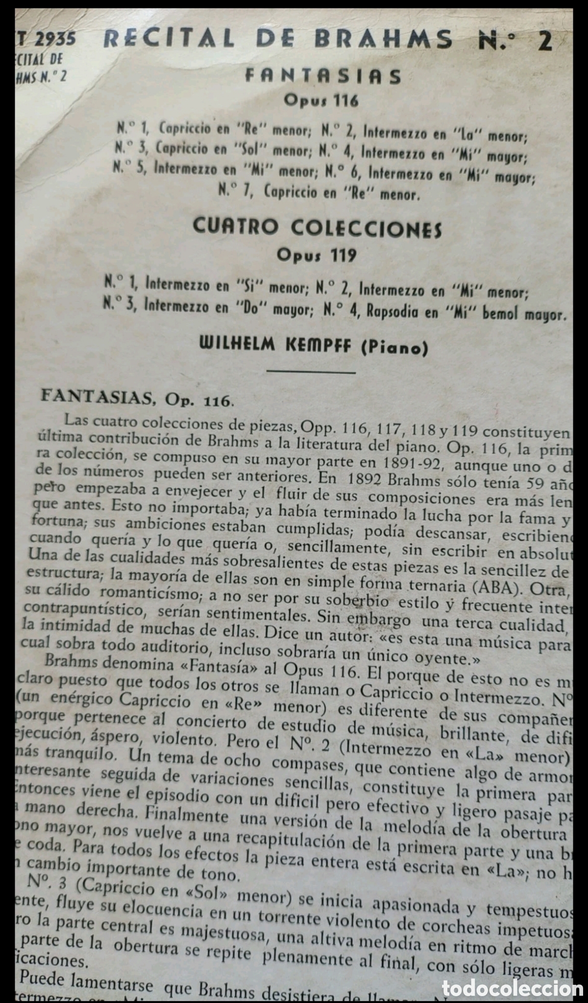 Discos de vinilo: Brahms Recital n&ordm;2 Wilhem Kemff - Foto 2