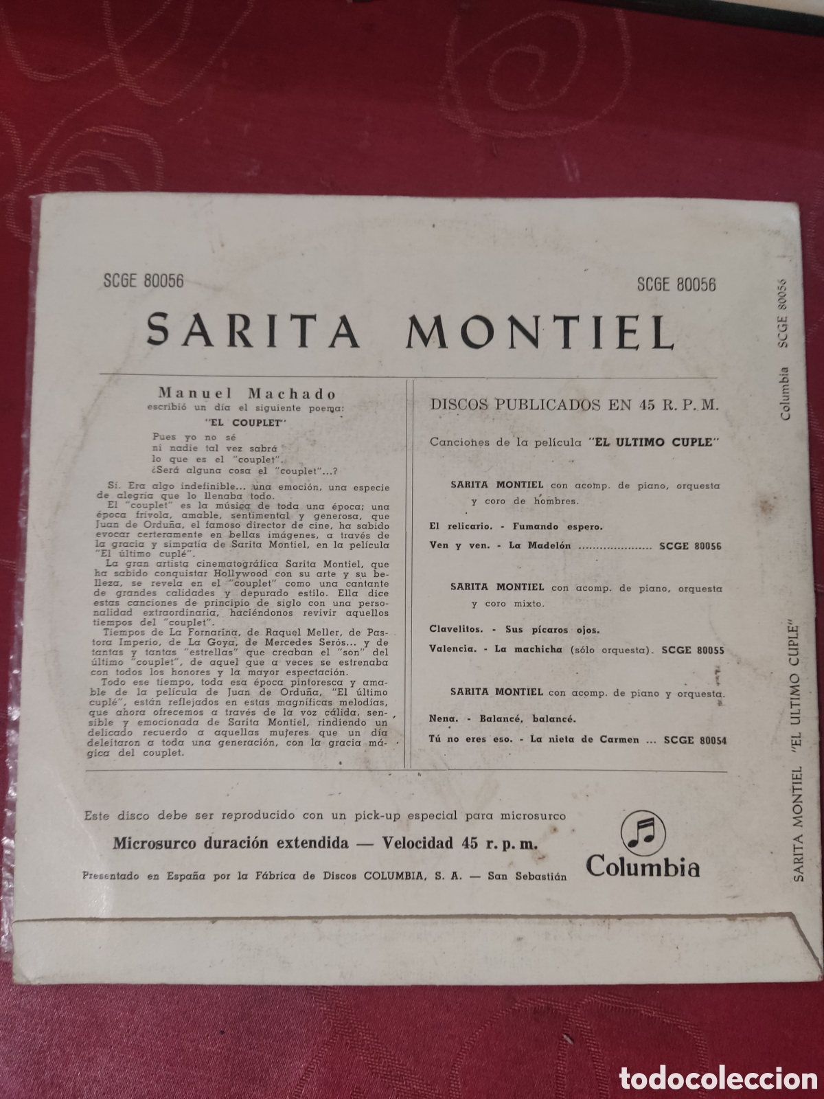 Discos de vinilo: Sarita Montiel ( El &uacute;ltimo cupl&eacute;) - Foto 2