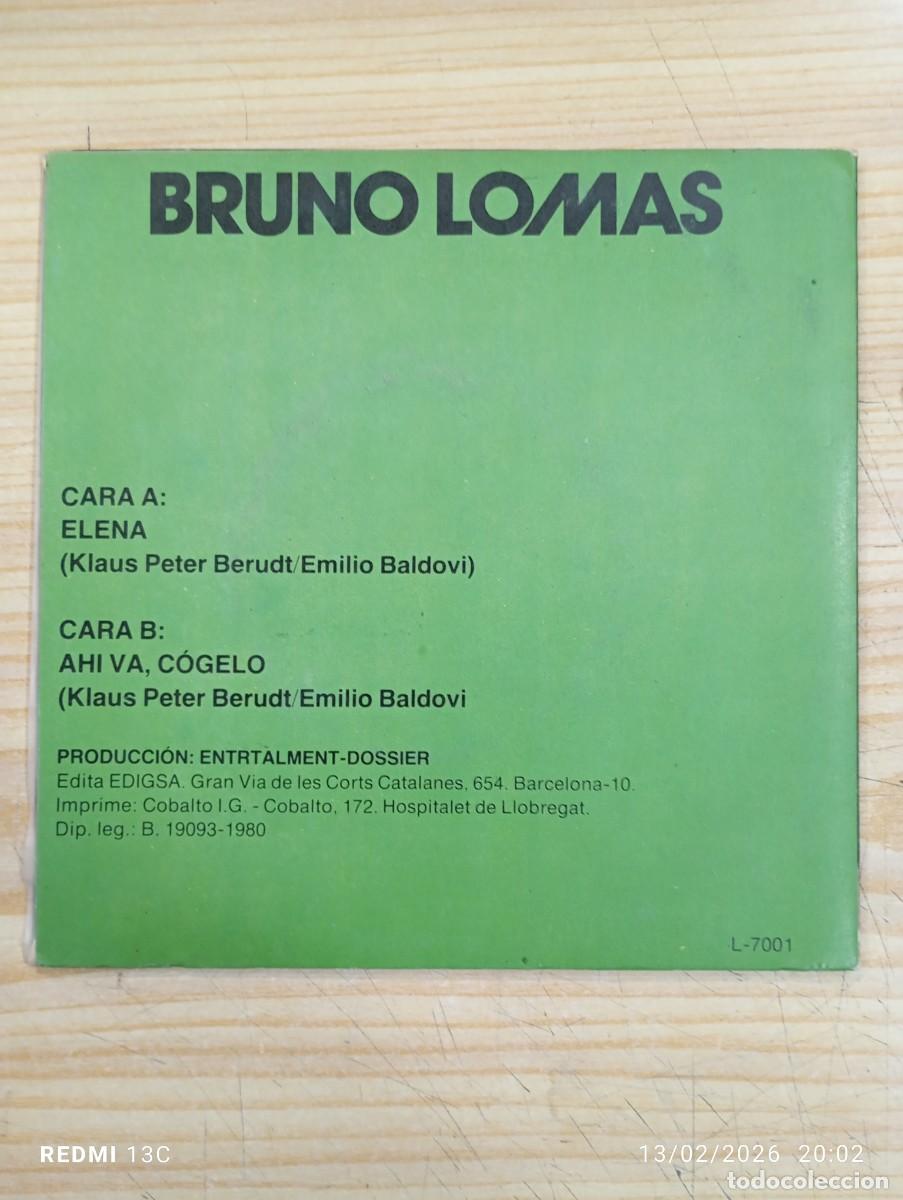 Discos de vinilo: SINGLE BRUNO LOMAS - ELENA / AHI VA COGELO - Foto 2
