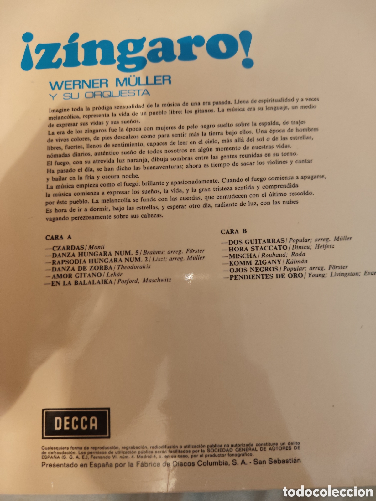 Discos de vinilo: Z&iacute;ngaro. Werner Muller y su orquesta - Foto 2